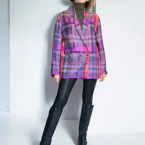 Vtg 80s Umberto Ginocchietti Italian Plaid Blazer Linen Blend Purple Red Boxy - Picture 1 of 16
